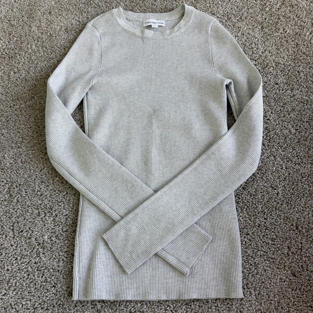 Calvin Klein Jeans Sweater Womens S Silver Ribbed Knit Crew Neck Long Sleeve